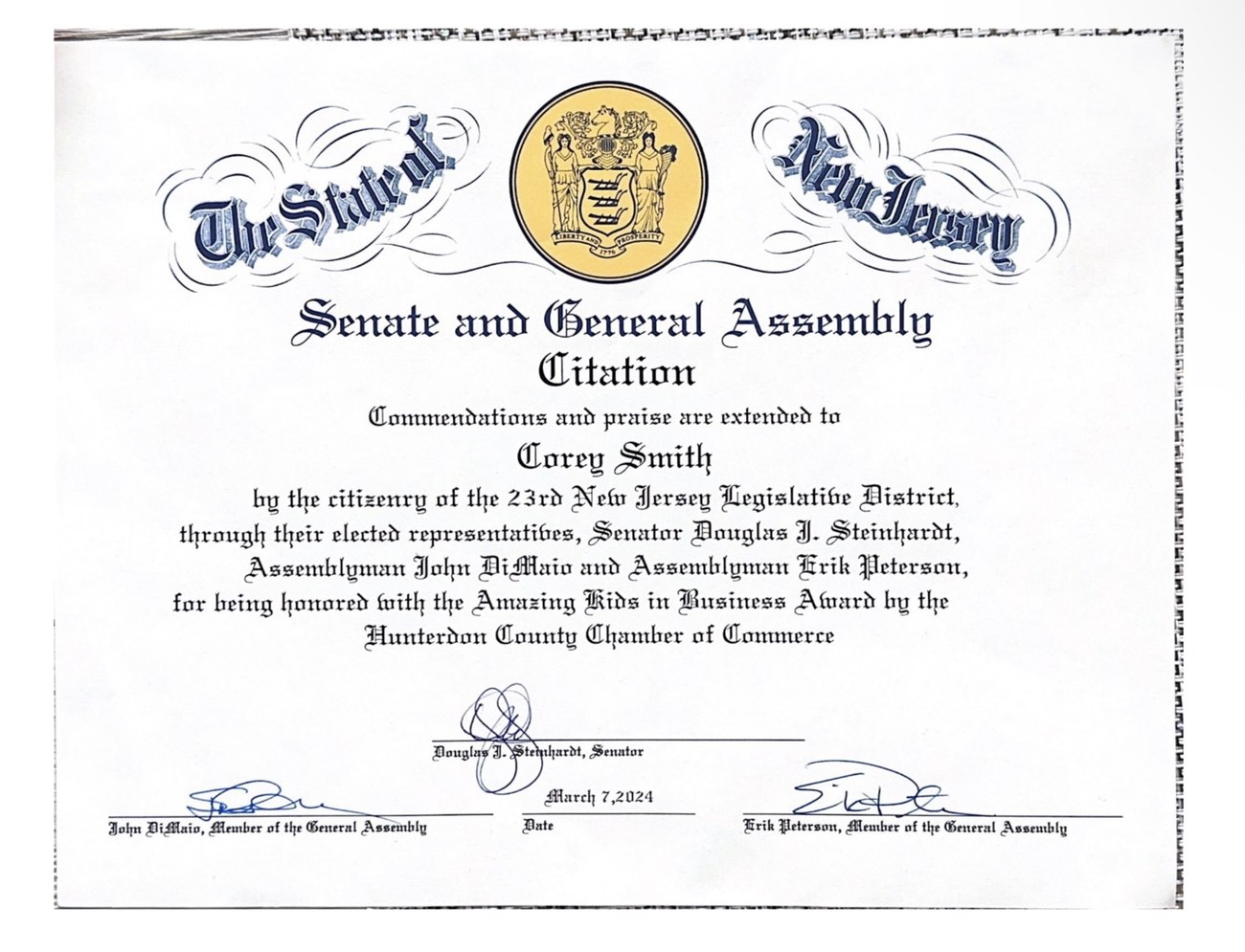 State of New Jersey Senate & General Assembly Citation honoring Corey Smith, Amazing Kids in Business Award, 2024
