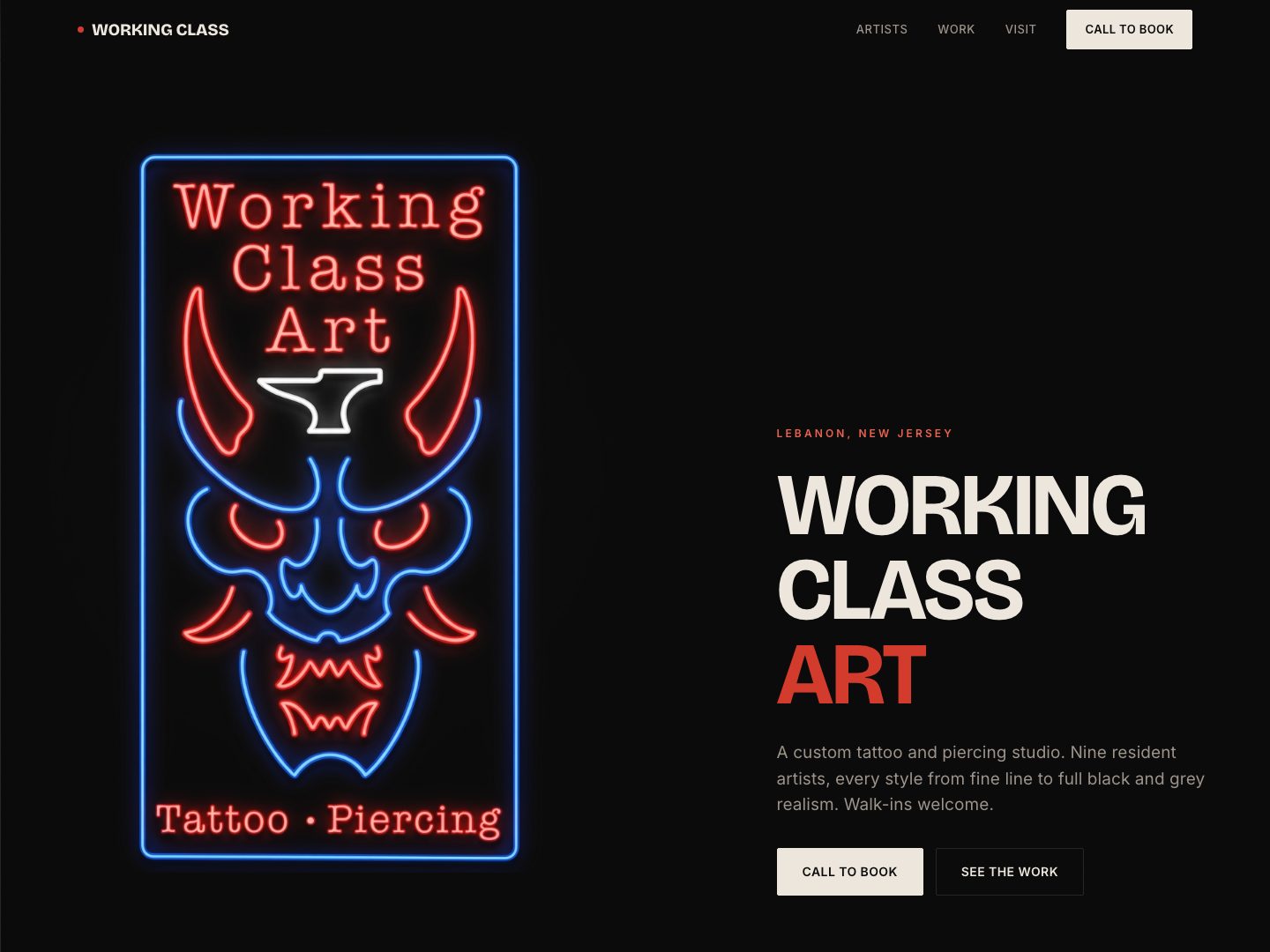 Working Class Art, tattoo & piercing studio website